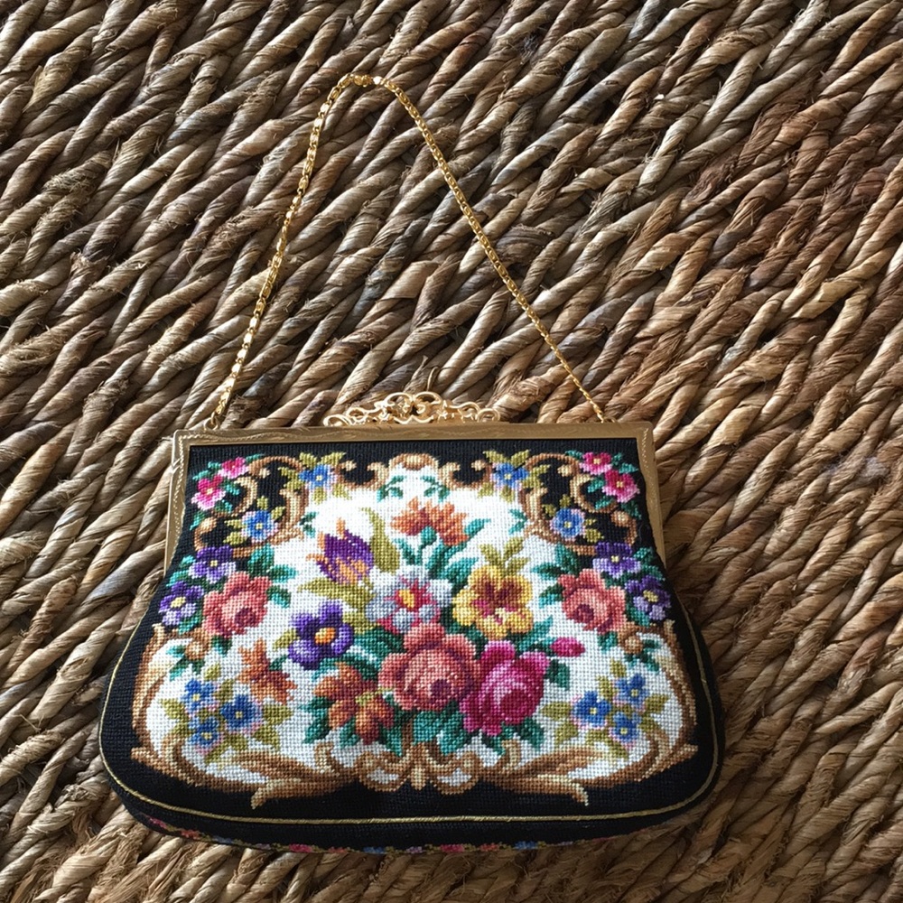 Berta handwork petit point bag. Black/floral/gold